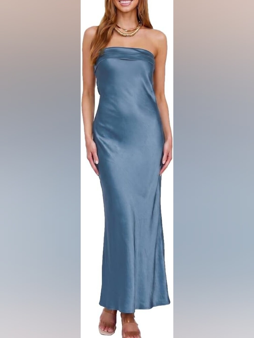 Womens Strapless Satin Maxi Slip Dress Blue Sexy Date Wedding Party Event, L